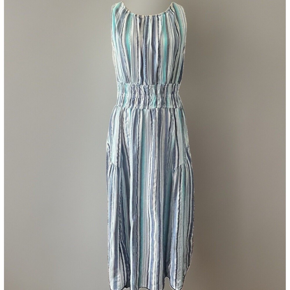 Tea Rose Women’s Sleeveless Striped Cotton Summer Dress Gray Blues White Large